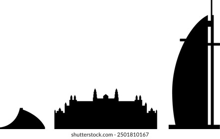 Set von 3 schwarzen Symbolen, die die Stadt Dubai symbolisieren. Vereinigte Arabische Emirate. Vektorgrafik.