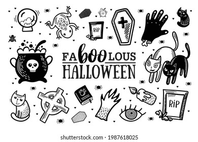 Set 3 with black and white hand drawn faBOOlous Halloween illustrations. Vector doodle elements and lettering