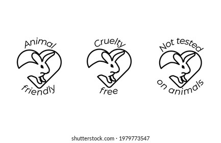 Set of 3 black and white icons with cute rabbit in heart. Cruelty free, Animal friendly and not tested on animals labels for cosmetic products. Rabbit's stroke is editable. Vector illustration, eps10.