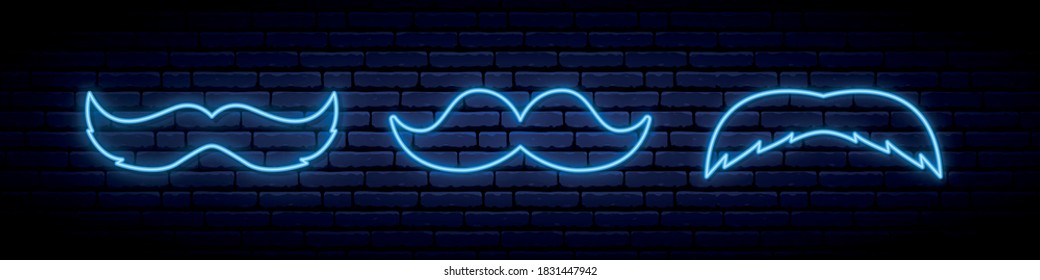 Set of 3 blue neon mustache icons. Glowing neon mustache sign on dark brick wall background. Mustache Season. Vector illustration.