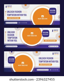 Set of 3 Blue and orange color landscape creatives for fashion brand with simple and minimal design. It can be used for banner, carousel, poster, banner, brochure, digital marketing etc.