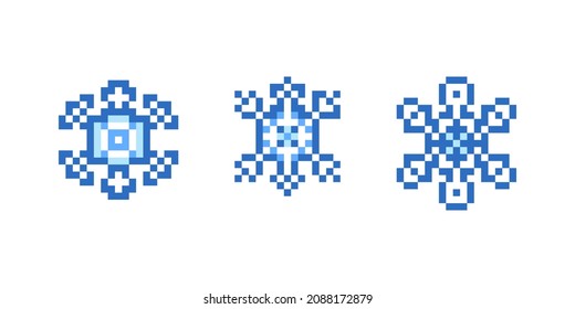 Set of 3 blue pixel art snowflakes isolated on white background. 8 bit weather icons. Decorative winter ornaments.Christmas, New Year symbols, vector clip art.Holiday design elements.2d game graphics.