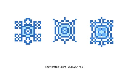 Set von 3 blauen Pixelkunst-Schneeflocken einzeln auf weißem Hintergrund. 8-Bit-Wettersymbole. Dekorative Winterschmuck.Weihnachten, Silvester-Symbole, Vektorklammer art.Urlaubsplanelemente.2d Spielgrafiken.