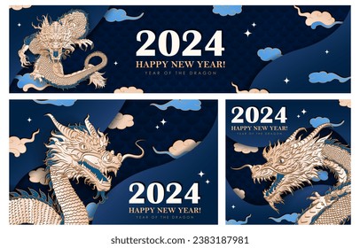Juego de 3 afiches azules con papel pintado a mano recortando el Dragón Chino como símbolo tradicional del Año Nuevo 2024. Pancartas con decoración asiática - nubes, estrellas, báscula de dragón. Tarjetas de felicitación de Navidad