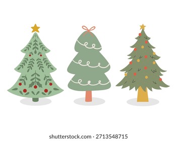 Conjunto de 3 árboles de Navidad Boho. Lindo pastel de pinos verdes de salvia con patrones escandinavos y estrellas. Elementos de Vector plano para la decoración del vivero.