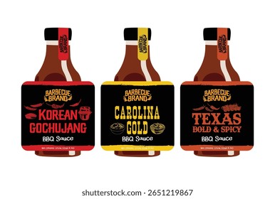 Set of 3 bold barbecue sauce labels in vintage style for Korean Gochujang, Carolina Gold, and Texas Bold and Spicy flavors. Great for packaging, branding, or food product mockups.