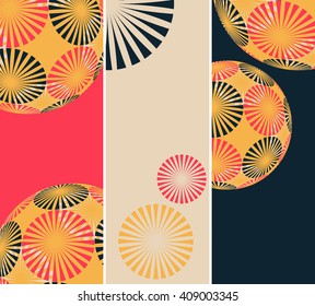 a set of 3 bookmark backgrounds with flower balls patterns in red, dark blue, and ivory