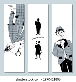 Set of 3 bookmarks with Great English detectives. Template. Vector illustration. 