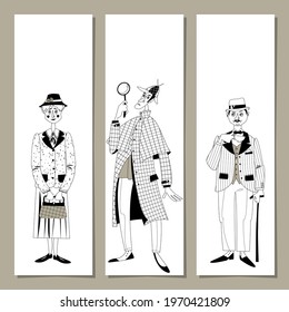 Set of 3 bookmarks with Great English detectives. Template. Vector illustration. 

