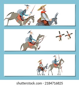 Set of 3 bookmarks with Knight-errant Don Quixote with his servant Sancho Panza. Vector illustration 