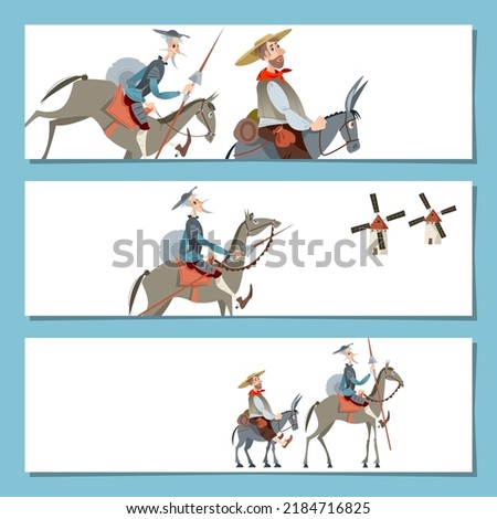 Set of 3 bookmarks with Knight-errant Don Quixote with his servant Sancho Panza. Vector illustration 