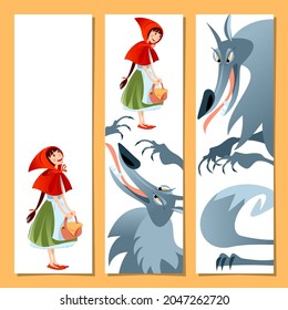 Juego de 3 marcadores con Caperucita Roja y Lobo Malo. Plantilla. Ilustración vectorial. 