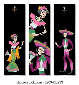 Set of 3 bookmarks with Skeleton couple in love. Dia de Muertos. Vector illustration 

