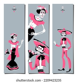 Set of 3 bookmarks with Skeleton couple in love. Dia de Muertos. Vector illustration 

