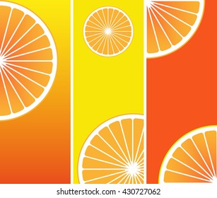 a set of 3 bookmarks with stylized orange slices in yellow, and white shades