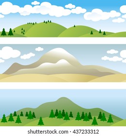 Set of 3 borders. Landscape. Panorama . Hills. Groups of trees. Desert. Mountains. Clouds in the sky. Vector illustration.

