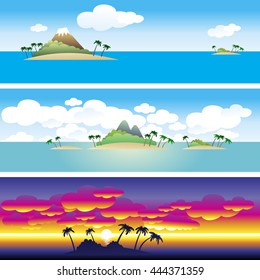 Set of 3 borders. Landscape. Panorama . Islands in the ocean. Sunset. Clouds in the sky. Vector illustration.