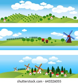 Set of 3 borders. Netherlandish landscape with windmills. Vector illustration. 