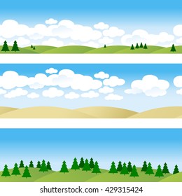 Set of 3 borders. Summer. Autumn. Landscape. Hills. Groups of trees. Ate. Clouds in the sky. Vector illustration.