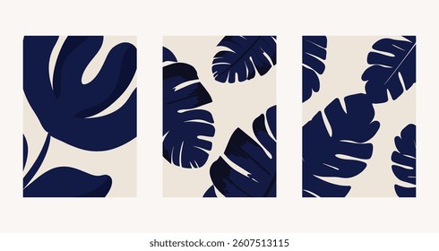 Set of 3 botanical doodle background vector set. Floral abstract trendy design for print, wallpaper, clipart, wall art for home decoration