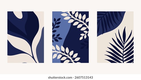 Set of 3 botanical doodle background vector set. Floral abstract trendy design for print, wallpaper, clipart, wall art for home decoration