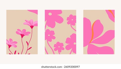 Set of 3 botanical doodle background vector set. Floral abstract trendy design for print, wallpaper, clipart, wall art for home decoration