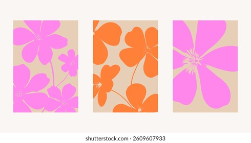 Set of 3 botanical doodle background vector set. Floral abstract trendy design for print, wallpaper, clipart, wall art for home decoration