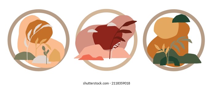 Conjunto de 3 vectores de arte mural botánico. Dibujo de la línea folicular del fondo del tono de la Tierra con forma abstracta y acuarela. Diseño de impresiones enmarcadas en la pared, afiche, decoración doméstica, cubierta, papel pintado. 