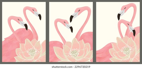 Set of 3 botanical wall paintings. Pink flamingos and lotuses. Tropical pattern for print, cover, wallpaper, minimalist and nature wall art.