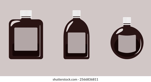 Set of 3 bottles with different shapes, simple vector bottles with empty labels for medicine or cosmetics