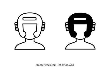 Set of 3.	boxing helmet icons in outline and black fill styles