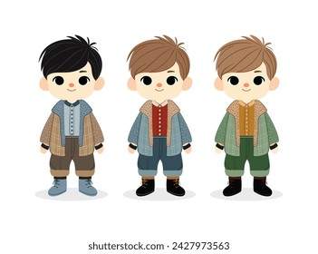 Set of 3 boys with various Scandinavian styles and wearing different clothes. Different and cute clothing designs. It is suitable for all printing areas such as toys, stickers and children's clothing.