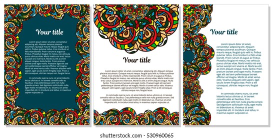 A set of 3 bright abstract poster designs featuring hand-drawn african inspired doodles