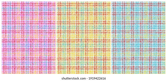 set of 3 bright child colors gingham seamless ornaments red yellow blue checkered stripes on girls pink, sunny yellow and boys cyan background for plaid, tablecloths, shirts, tartan, clothes, dresses