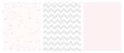 Set Of 3 Bright Delicate Chevron And Dots Vector Patterns. Irregular Tiny Dots Pattern. Grey And Pink Chevron Designs. White, Gray And Pink Pastel Colors. Cute Hand Drawn Geometric Vector Patterns.