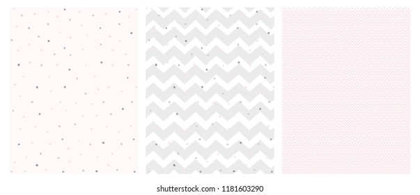 Set of 3 Bright Delicate Chevron and Dots Vector Patterns. Irregular Tiny Dots Pattern. Grey and Pink Chevron Designs. White, Gray and Pink Pastel Colors. Cute Hand Drawn Geometric Vector Patterns.