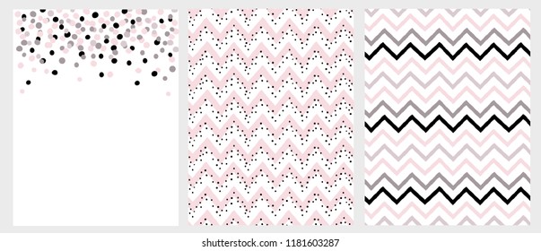 Set of 3 Bright Hand Drawn Chevron and Dots Vector Layouts. Irregular Tiny Dot Shape Confetti Design.. Grey, Black and Pink Chevron Pattern. Pink Chevron with Black Dots Pattern.Cute Geometric Pattern