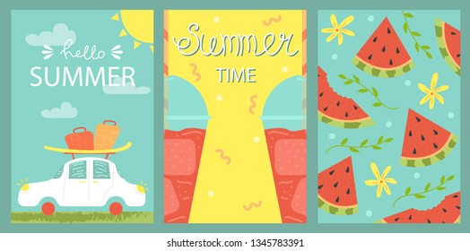 A set of 3 bright summer cards. Greeting card. Watermelon smoothie. Vector design concept for summer party.