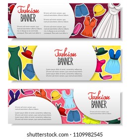 Set of 3 brochure with clothing and accesories for women. Boutique, shop advertisement concept. Template for flyer, magazine, poster,cover, banner,greeting card,invitation. Vector illustration