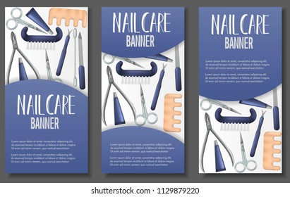 Set of 3 brochure with realistic manicure objects. Salon, shop advertisement concept. Template for flyer, magazine, poster,cover, banner,greeting card,invitation. Vector illustration