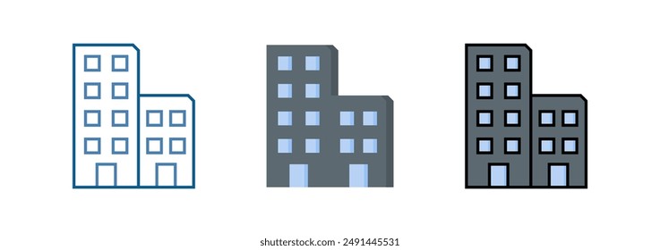 Set of 3 building icon, editable stroke, flat style, and color version