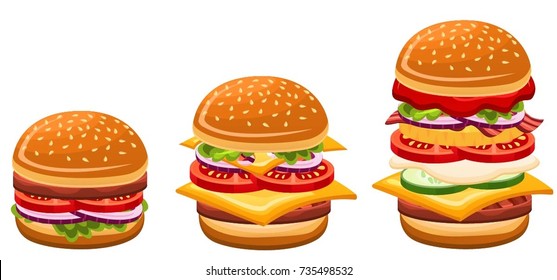 Set of 3 burgers cartoon, vector isolated on white background
