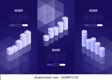 Set of 3 business headers with various chart and graph. Data visualization concept for analysis, report, presentation, infographics. Vector illustration in 3d isometric style Set of 3 business headers with various chart and graph. Data visualization concept for analysis, report, presentation, infographics. Vector illustration in 3d isometric style