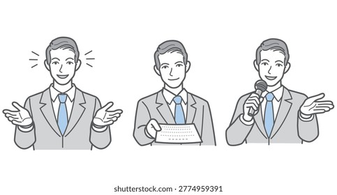 Set of 3 Business Man Poses: Spreading Hands, Showing Document, and Microphone Speech.
