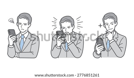 Set of 3 Businessman Poses: Dissatisfied with Smartphone, Staring Intently, and Convinced