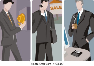 Um conjunto de 3 ilustrações de vetor de homens de negócios. 1) Um empresário/banqueiro abrindo um cofre. 2) Um empresário consultor de vendas falando em um telefone celular. 3) Um homem de negócios bebendo café