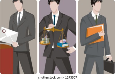 A set of 3 businessmen vector illustrations. 1) A businessman sending a letter. 2) A businessman, operating in the e-commerce and software technology sector. 3) A businessman holding folders.