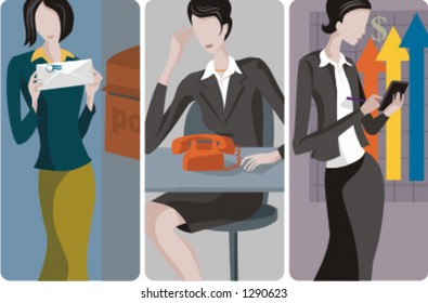 A set of 3 businesswomen vector illustrations 1) A businesswoman sending a letter 2) A businesswoman or a secretary working in the office  3) A businesswoman or an ??countant making calculations