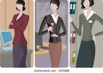 A set of 3 businesswomen vector illustrations. 1) A businesswoman working with a computer. 2) A businesswoman drinking a wine in the office. 3) A businesswoman searching for a folder.