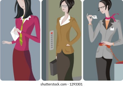 A set of 3 businesswomen vector illustrations. 1) A businesswoman holding a letter. 2) A businesswoman with a suitcase, waiting for the elevator. 3) A businesswoman calling a business contact.